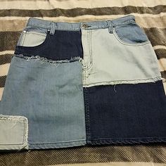 Approx. 16.5 Inches Long. Waist: 14.5 Inches Laying Flat. Blue Patchwork Mini Denim Skirt, Blue Patchwork Denim Mini Skirt, Casual Denim Patchwork Skirt, Blue Cotton Cutoff Skirt, Casual Dark Wash Patchwork Denim Skirt, Soul Patch, Patch Denim, Denim Patches, Mink Pink