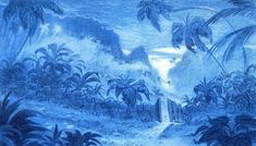 this is a drawing of a tropical scene with palm trees and blue sky in the background