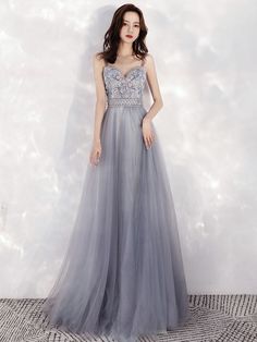 Charming Sweetheart Blue-grey Tulle Beaded Long Party Dress, Amazing Gray, Hot Prom Dress, Long Party Dress, Dress Straps, A Line Prom Dress, A Line Prom Dresses, Party Dress Long, Prom Party, Prom Party Dresses