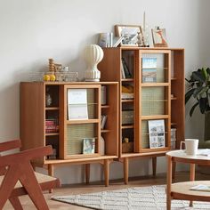 a living room filled with furniture and a book shelf next to a table on top of a rug