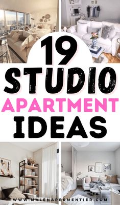 the words 19 studio apartment ideas are shown in black and white, with images of furniture