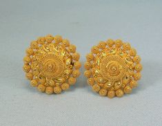 "** We don't clean our items - please clean before wearing ** Gorgeous earrings. Well made. These are in pristine condition, very little sign of use if any. These are all about gold, big bright gold. Just about 13/16\" (2.0 cm) tall & wide. One earring is marked 'S 22K', the other is marked '111'. They have both been electronically tested. HEAVY weight - 8.5 g / .30 oz. Milgrain or millegrain is from the French, meaning 'thousand grains'. The process has been around since the first century B Yellow 22k Gold Earrings For Wedding, Gold Tops Earrings Indian, Big Gold Ring, Ear Tops, 22k Gold Earrings, Unique Wedding Jewelry, Gold Earrings Indian, Gold Tops, Simple Gold Earrings