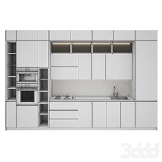 a white kitchen with an oven, sink and cupboards on the wall next to each other