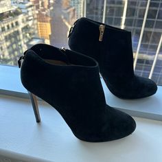 Salvatore Ferragamo Heeled Ankle Booties. Black Suede. Wearing On The Bottom, But The Top Is In Great Shape. 4.5 Inch Heel. Black Suede Booties, Salvatore Ferragamo Shoes, Ferragamo Shoes, 5 Inch Heels, Suede Booties, Shoes Heels Boots, Salvatore Ferragamo, Ankle Booties, Black Suede