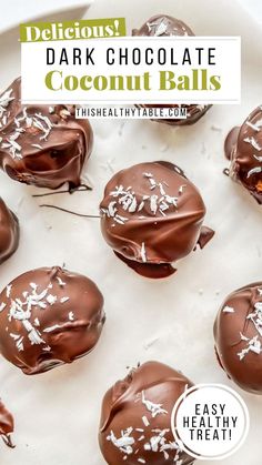 chocolate coconut balls on a plate with text overlay that reads delicious dark chocolate coconut balls