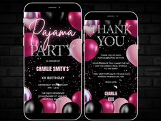 two cell phones with pink and black balloons on them, one has the words'thank you