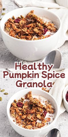 Make a crispy Pumpkin Spice Granola with oats, walnuts, and pumpkin seeds. Maple syrup is used to sweeten it, and cinnamon, ginger, cloves, and nutmeg spice it. Add dried cranberries for a delicious snack or breakfast! Try this easy granola recipe and enjoy! Easy Granola Recipe, Nutmeg Spice, Easy Granola, Granola Recipe, Easy Snack Recipes, Healthy Pumpkin, Granola Recipes