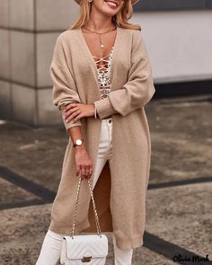 Olivia Mark - Open cardigan with long sleeves Maxi Dresses Fall, Chic And Elegant, Plaid Blouse, Round Neck Dresses, Outwear Jackets, Daily Dress, Open Cardigan, Open Front Cardigan, Front Open