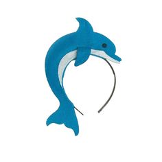 a blue dolphin headband is shown against a white background with the tail curled up