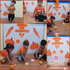 several pictures of children playing with oranges in front of a sign that says carrots