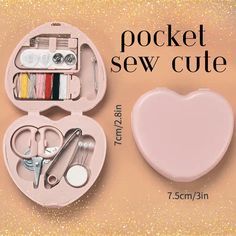 the pocket sew cute sewing kit is pink with scissors and other items in it