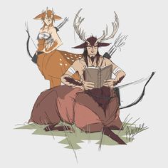 two anime characters sitting on the ground with arrows in their hands and one holding an open book