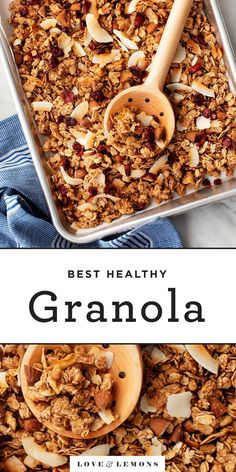 granola in a pan with wooden spoons on top and the words best healthy granola above it