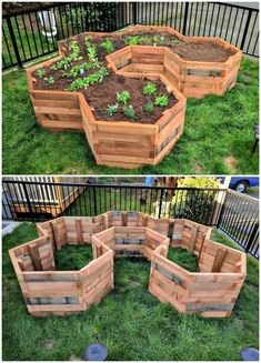 several different types of raised wood planters in the grass with plants growing out of them