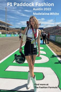 Madeleine White Outfit at Austin F1 Grand Prix. Formula One  paddock fashion outfit ideas and inspiration. What to wear at a F1 race. F1 Media Aesthetic, F1 Wag Aesthetic Outfits, Mercedes Girl Aesthetic F1, Formula 1 Race Outfit Women, F1 Girlfriend Aesthetic, F1 Paddock Aesthetic, F1 Race Outfit, F1 Paddock Fashion, F1 Wags Outfits