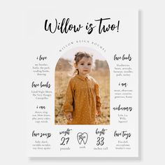 a white poster with the words willow is two and an image of a child's face