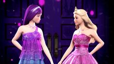 two barbie dolls dressed in purple and pink dresses, one is wearing a tiara