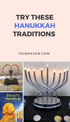 a hanukkah menorah with the words try these hanukkah traditions