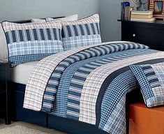 Cozy Line Home Fashions Bennett Quilt Bedding Set, Nautical Navy Orange Grid Striped 100% Cotton Reversible Coverlet Bedspread for Boy (Navy Orange, Twin - 2 Piece) Grey And White Bedding, Bedding Quilt, Cotton Quilt Set, Country Quilts, Orange Plaid, Bedding Stores, Twin Quilt, Bedspread Set, Stylish Bedroom