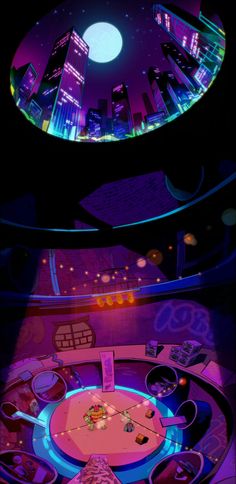 the interior of a futuristic building with neon lights