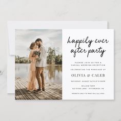 a wedding card with the words happily ever after party on it and an image of a couple