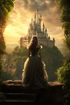 a woman in a dress is sitting on steps looking at a castle