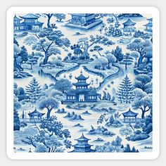 a blue and white wallpaper with trees, pagodas and buildings in the background