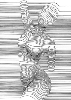 an abstract black and white drawing with wavy lines