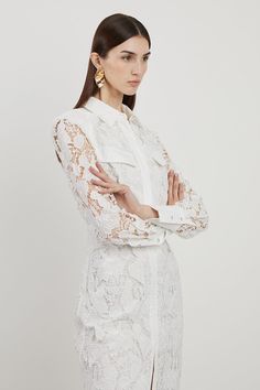 Feel Summer Ready In Our Midi Dress, With A Shirt Style Bodice Featuring A Formal Collar, As Well As A Belted Waist For A Cinched Silhouette. The Lace Fabric Has Been Used To Create A Dimensional Piece, With Sheer Sleeves And A Unique Hemline Made From The Lace Shapes. Style It With Block Heels Or Sandals For A Summer Look Perfect For Holiday Looks And Sunny Days Out. Lace And Embroidered Sharp Shoulder Woven Midi Shirt Dress High Quality Lace Fabric Flattering Fitted Silhouette Unique Collar De Hen Do Outfits, Workwear Capsule Wardrobe, Outfits For Mexico, Spring Wedding Guest Dress, Petite Business Casual, Ibiza Outfits, Honeymoon Outfits, Fall Wedding Guest Dress, Bachelorette Outfits