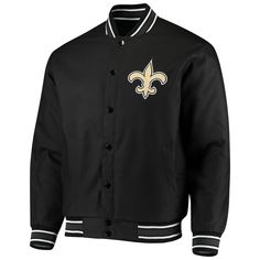 the new orleans saints jacket is shown in black with white trimmings and gold fleur