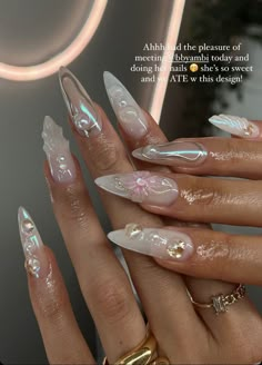 Siren Inspired Nails, Siren Nails Aesthetic, Faerie Aesthetic Nails, Chrome Fairy Nails, Pink Fairy Nails Acrylic, Angel Nails, Mermaid Nails, Pearl Nails