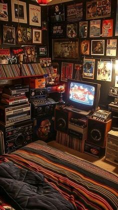 a room filled with lots of different types of musical equipment and pictures on the wall