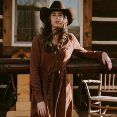 Tobacco Tencel Western Dress | Stetson Hat And Dress, Cute Cowgirl Outfits, Modern Farmer, Two Two, Western Dress, Wide Trousers, Cowgirl Outfits, Mid Length Dresses, Western Dresses