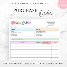 the printable purchase order form is shown in pink, green and blue with text that reads