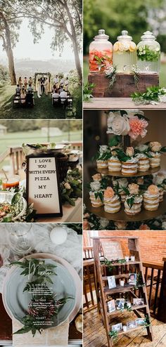 a collage of photos with wedding decorations and desserts