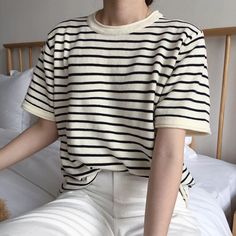 Beautiful Black White Striped O Neck Shirt – Tomscloth Classic Striped Crew Neck Shirt, Classic Striped Crew Neck Top, Casual Striped Crew Neck Shirt, Striped Tshirt, Baby Tees Y2k, Y2k Baby Tee, Y2k Outfits, Shirt Collection, Preppy Outfits