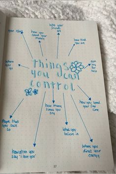 an open notebook with writing on it that says things you can control in blue ink