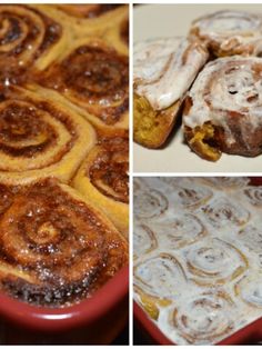 four different pictures of cinnamon rolls in red pans