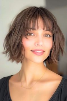 Textured Bob With Wispy Bangs Hairstyle For Thin Hair. French Bob With Bangs Thick Hair, Short Bob With Wispy Bangs, Face Balancing, Bob With Soft Bangs, Brown Hair Blue Eyes Pale Skin, Thicken Fine Hair, Fine Hair Bangs, Hair Falling, Short Bobs With Bangs