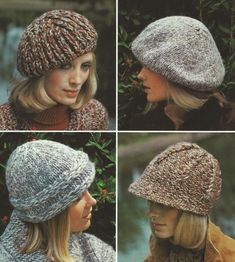 four pictures of women's hats in different styles and sizes, including one with a knitted brim