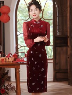 Size: XXL Qipao Gown, Modern Qipao Dress, Qipao Vintage, Red Velvet Fabric, Chinese Qipao, Modern Qipao, Qipao Cheongsam, Qipao Dress, Cultural Celebration