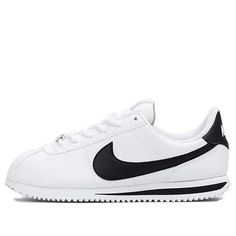 Nike Cortez Basic SL 'White' is a classic running shoe from Nike's history. Inspired by Forrest Gump's iconic running scene, this shoe was the first to demonstrate Bill Bowerman's design genius. Its name changed four times in two years in a legal battle over the name of the shoe. This stylish black sneaker features a rubber sole and is perfect for kids. It is part of the Nike Cortez series, a timeless classic that has been around for decades. (SNKR/Low Top) Nike Classic Sneakers For Sports, Classic Nike High-top Running Shoes, Classic Nike Running Shoes With Branded Insole, Classic Low-top Running Shoes For Jogging, Classic Nike Running Shoes With White Sole, Classic Running Shoes With Round Toe For Jogging, Classic White Running Shoes For Streetwear, Classic White Streetwear Running Shoes, Nike Classic Running Shoes For Jogging