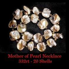 Mother of Pearl Shell Necklace- 332ct Color: Creamy Golden with rainbow hues Quantity: 20 Beads Shape: Baroque with bottom flat Carat: 332ct Hardness: 3.5 Specific Gravity: 2.65 - 2.87 Approx. Single Shell Measurements: 19.6 x 20.7 x 3.6mm Treatment: Non Necklace Total Length: 17 inch Refractive Index : 1.53 - 1.69 Transparency: Translucent Opaque.                Luster: Sheen, Gloss, Brilliance, Radiance & Glow . Origin: Middle East Shell Necklace, Pearl Shell, Shell Necklaces, Middle East, Mother Of Pearl, Shells, Etsy Accessories, Accessory Gift, Gift Card