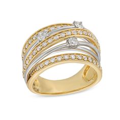 Make a style statement with this wide multi-row diamond fashion ring. 10K gold Three bands lined with round diamonds create the borders and crossover center row Polished ribbons in white rhodium are set with larger round diamonds along the design 1 ct. t.w. of diamonds Available in size 7 only Diamond Fashion Rings, Fashion Ring, Diamond Fashion, Style Statement, 10k Gold, Crossover, Fashion Rings, Round Diamonds, Borders