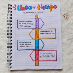 a notebook that has some writing on it with different colored arrows and words written in spanish