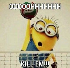 a minion holding a volleyball ball on top of a net