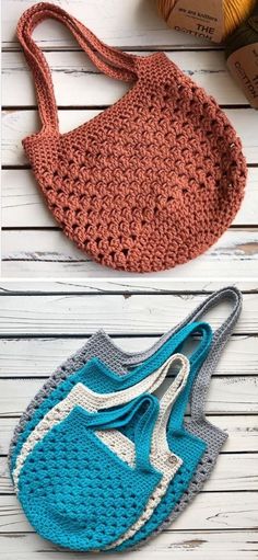 two crocheted purses sitting next to each other on a white wooden surface