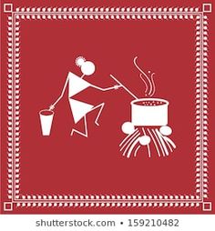 a red and white square with an image of a person cooking