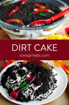 dirt cake in a glass bowl with red and green spoons on the plate next to it