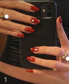 Red Nails Acrylic Star, Pink Nails With Red Stars, Red Nails With A Star, Red Nails Pattern, Nail Ideas Red Short, Red Star Nail Designs, Red Nails With Nail Art, Red Nails With Star Design, Red And Blue Star Nails